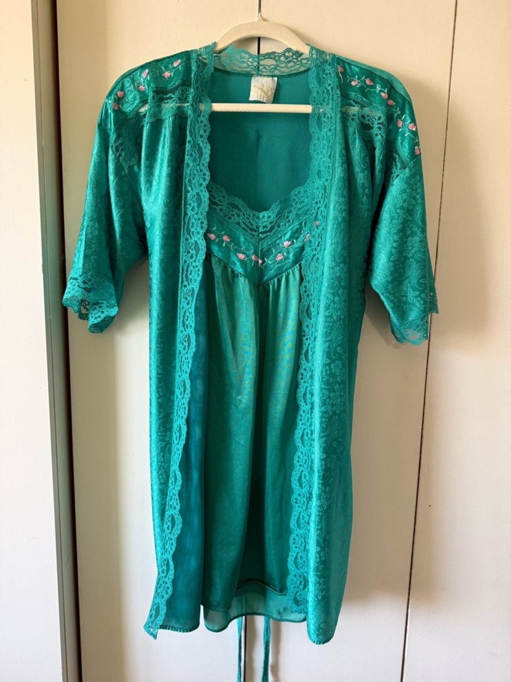Vintage 70s Stardust Fairycore Emerald Green Teal Chemise Peignoir Set Florets L - Picture 8 of 16